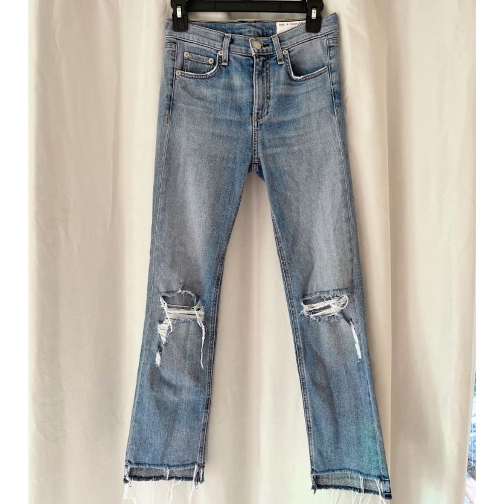 Rag & Bone High-Rise 10" Stove Pipe Distressed Step Hem Blue Jeans Size 24